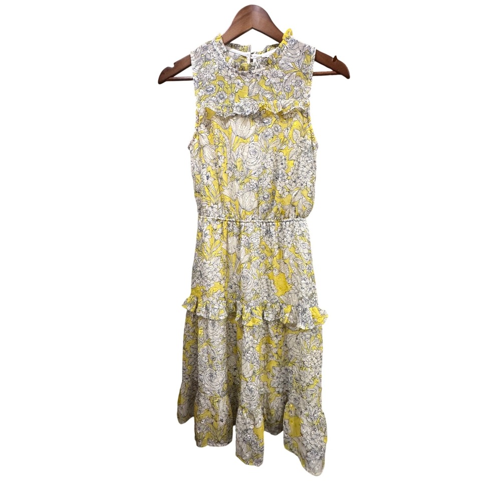 Monteau Floral Tiered Midi Dress Womens Small Yellow Ruffle Clip Dot Excellent